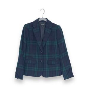 Talbots Petite Navy Blue Green Academia Wool Blend Plaid Blazer Coat Jacket